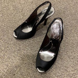 BCBG MAX AZRIA BLACK SATIN OPEN TOE SLINGBACK HIGH HEELS